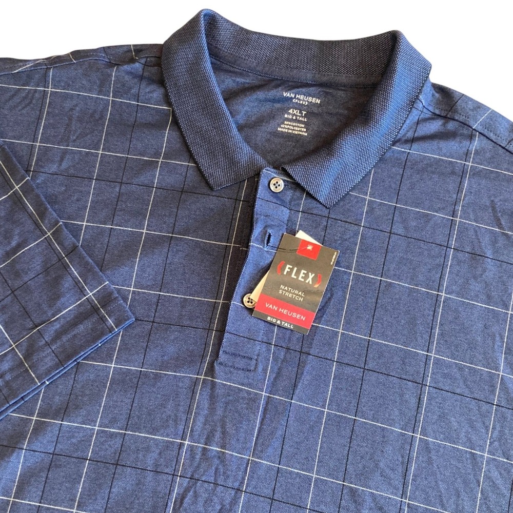 NEW Van Heusen Flex Polo Mens 4XLT Big & Tall Sea Navy Windowpane 50W7278425 NWT